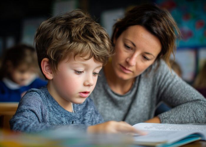 Une femme aide un petit garçon à faire ses devoirs