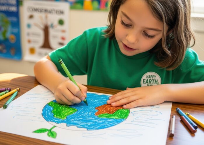 Une petit garçon vêtue d'un t-shirt vert est en train de dessiner la Terre avec des crayons de couleur sur une feuille de papier.